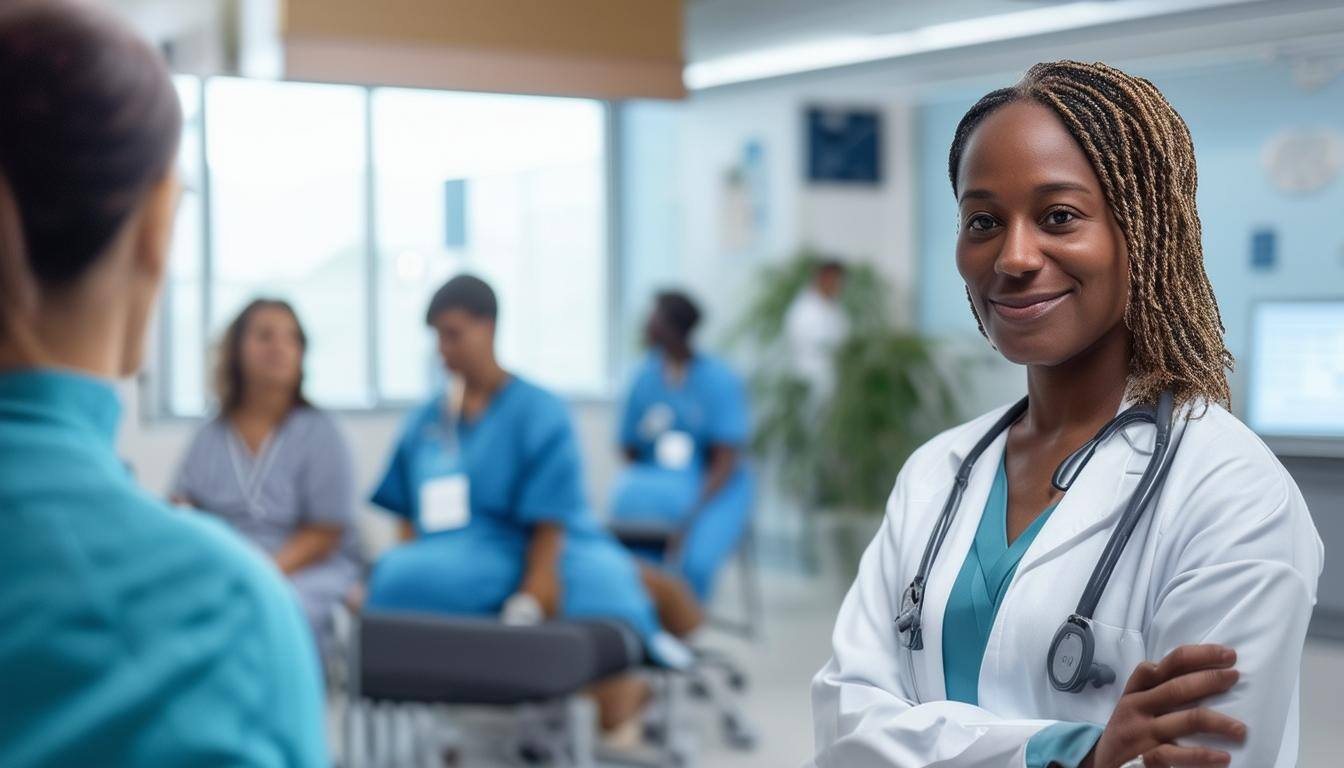 healthcare workers having a conversation with one looking at us